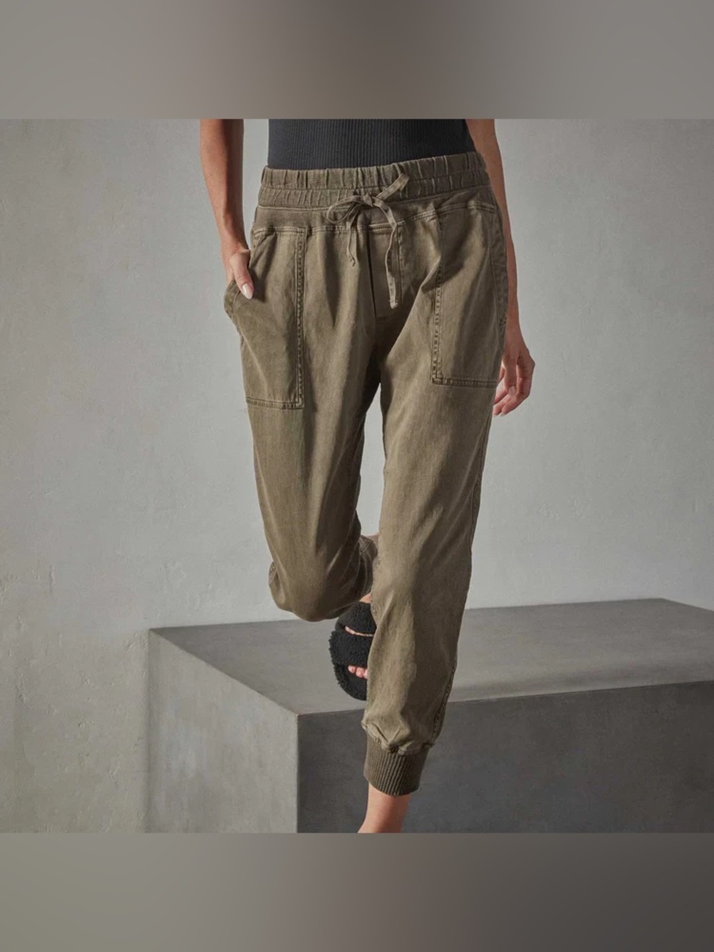 James Perse Mixed Media Pants Joggers in Army Green Pigment Tie Waist Size S